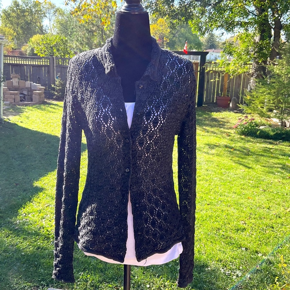 le Chateau Black Vintage Button Up Crochet Type Sweater
